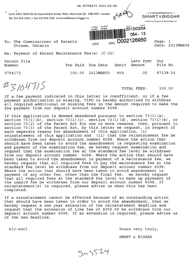 Document de brevet canadien 2754173. Taxes 20130304. Image 1 de 1