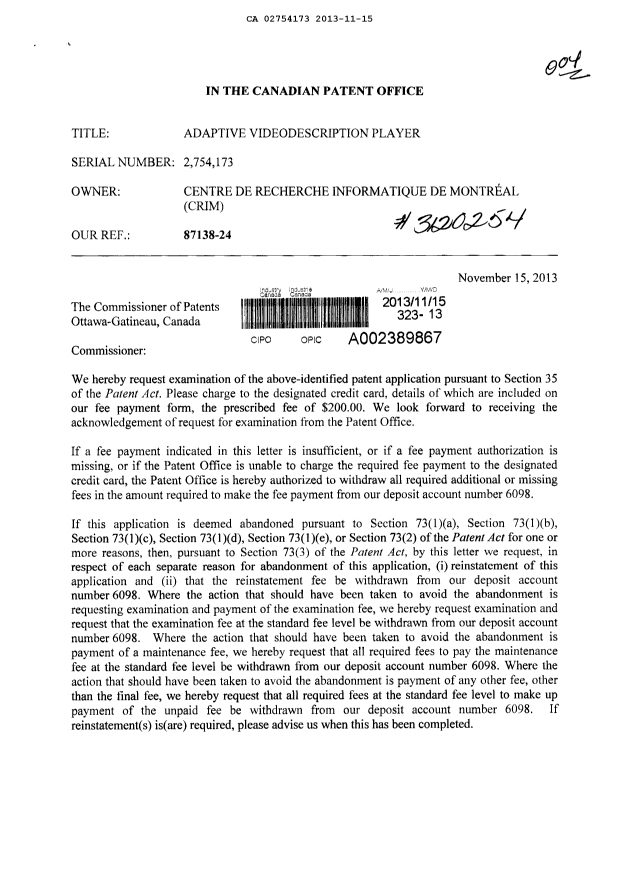 Document de brevet canadien 2754173. Cession 20131115. Image 1 de 2