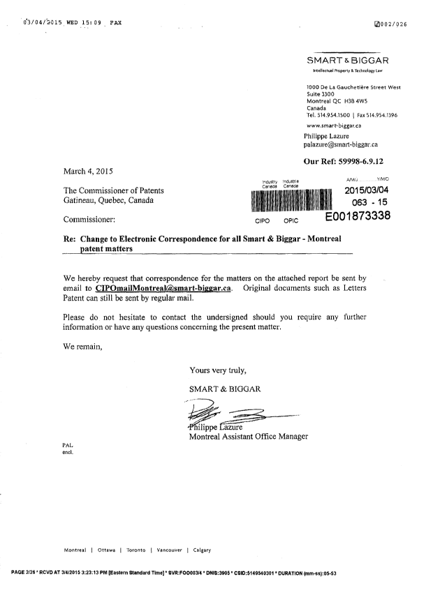 Document de brevet canadien 2754173. Correspondance 20150304. Image 1 de 3