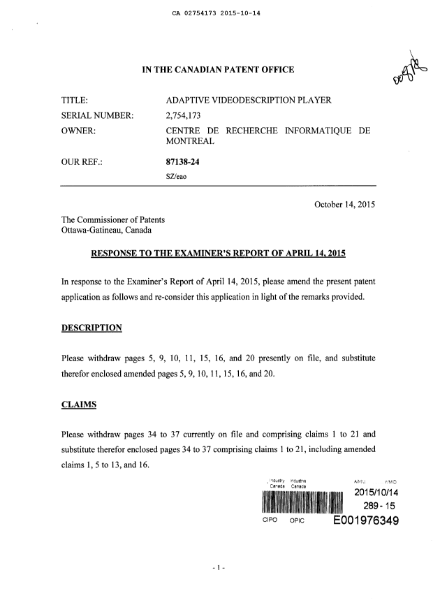 Document de brevet canadien 2754173. Modification 20151014. Image 1 de 29