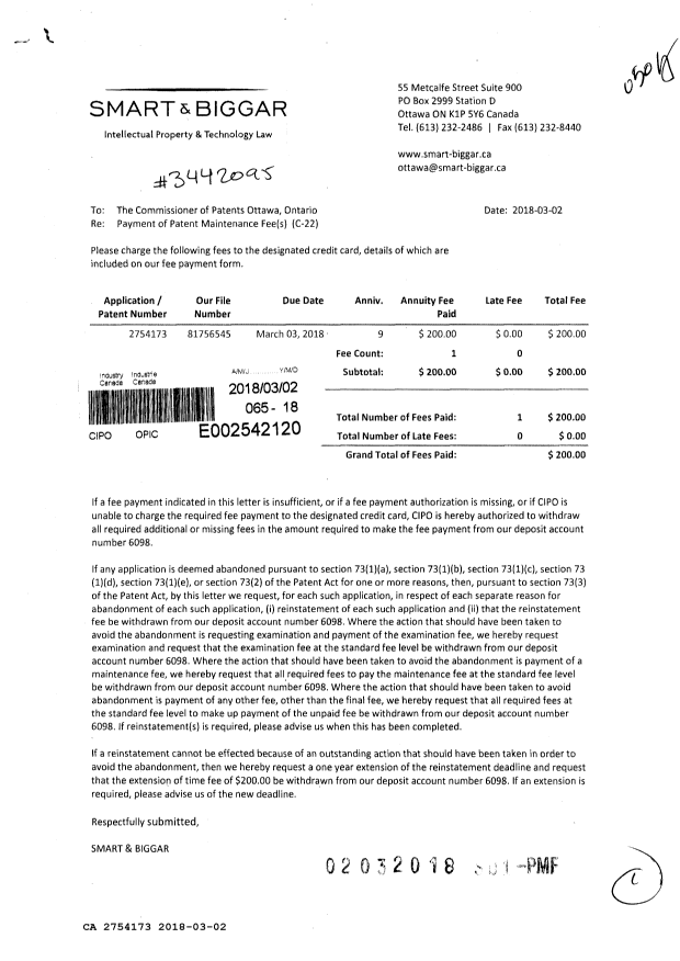 Document de brevet canadien 2754173. Paiement de taxe périodique 20180302. Image 1 de 1
