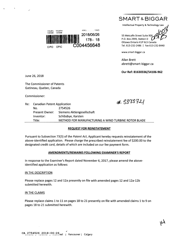 Document de brevet canadien 2754526. Rétablissement 20180626. Image 1 de 14