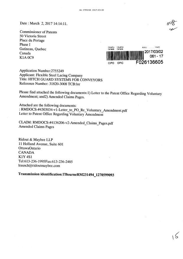 Document de brevet canadien 2755249. Modification 20170302. Image 1 de 15