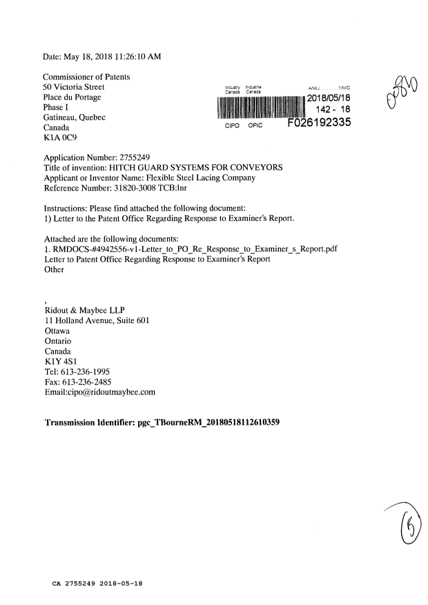 Document de brevet canadien 2755249. Modification 20180518. Image 1 de 5