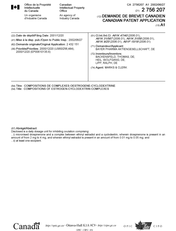 Document de brevet canadien 2756207. Page couverture 20111117. Image 1 de 1