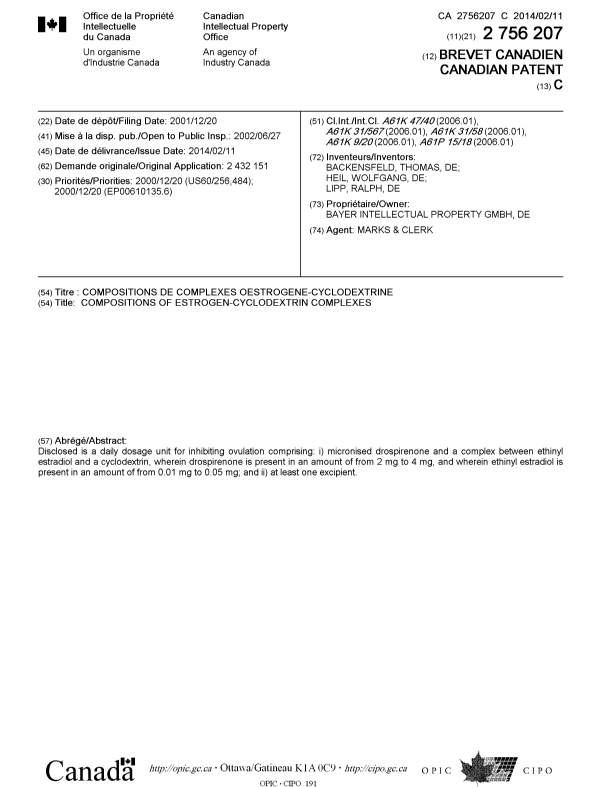 Document de brevet canadien 2756207. Page couverture 20140116. Image 1 de 1