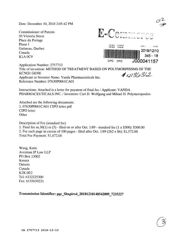 Canadian Patent Document 2757713. Final Fee 20181210. Image 1 of 3