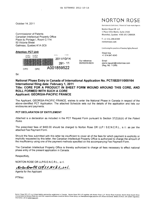 Document de brevet canadien 2758902. Cession 20111014. Image 1 de 4