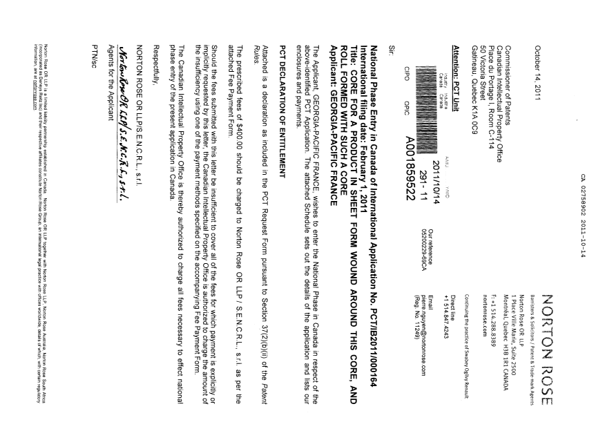 Canadian Patent Document 2758902. Assignment 20111014. Image 1 of 4