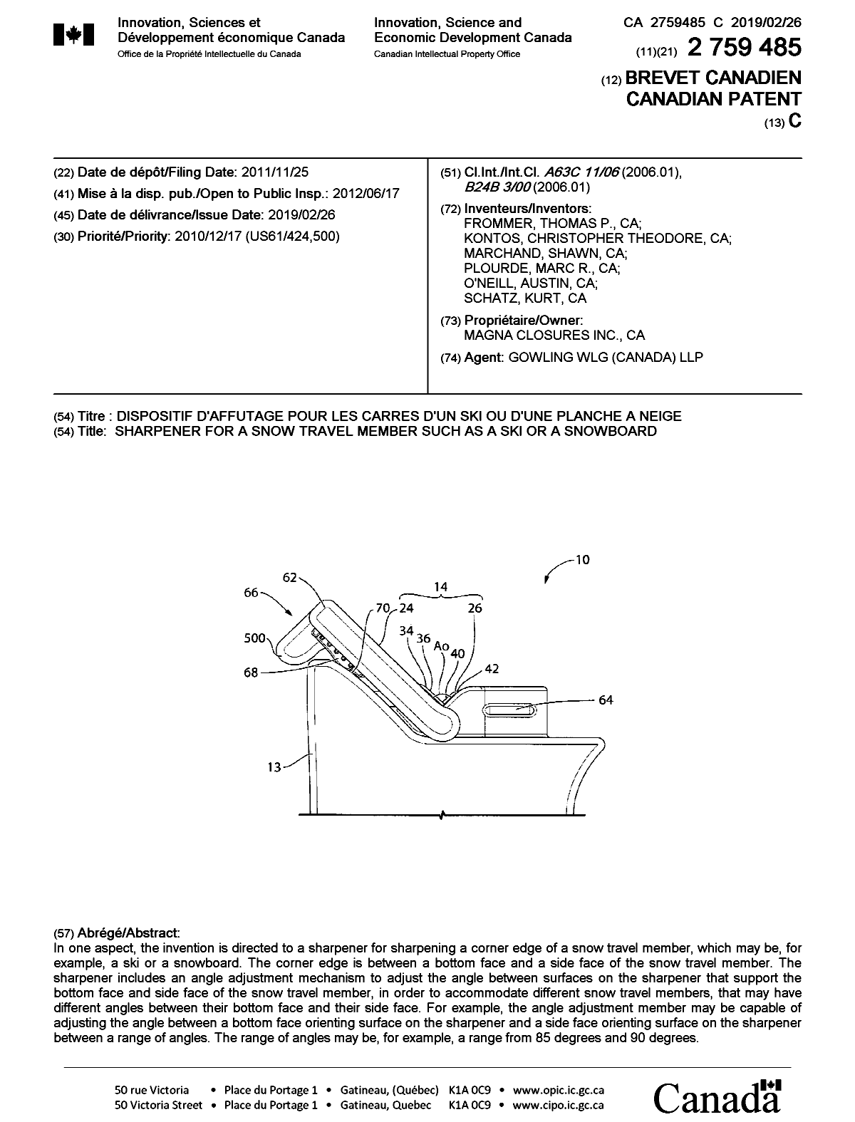 Canadian Patent Document 2759485. Cover Page 20190124. Image 1 of 1