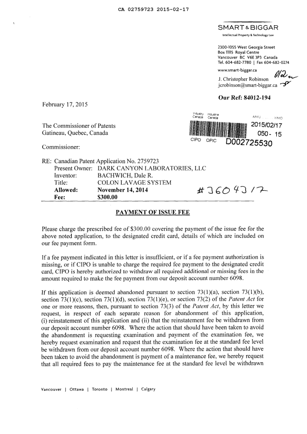 Canadian Patent Document 2759723. Correspondence 20141217. Image 1 of 2