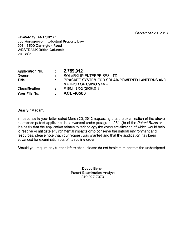 Document de brevet canadien 2759912. Poursuite-Amendment 20130920. Image 1 de 1