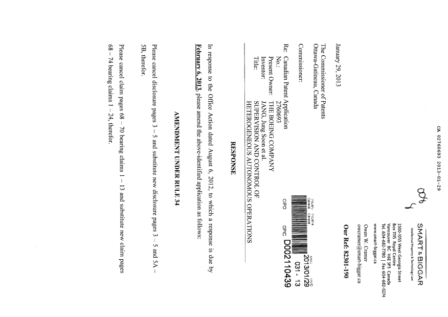 Canadian Patent Document 2760693. Prosecution-Amendment 20130129. Image 1 of 17