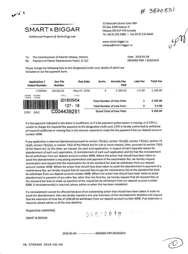 Canadian Patent Document 2760946. Maintenance Fee Payment 20180504. Image 1 of 1
