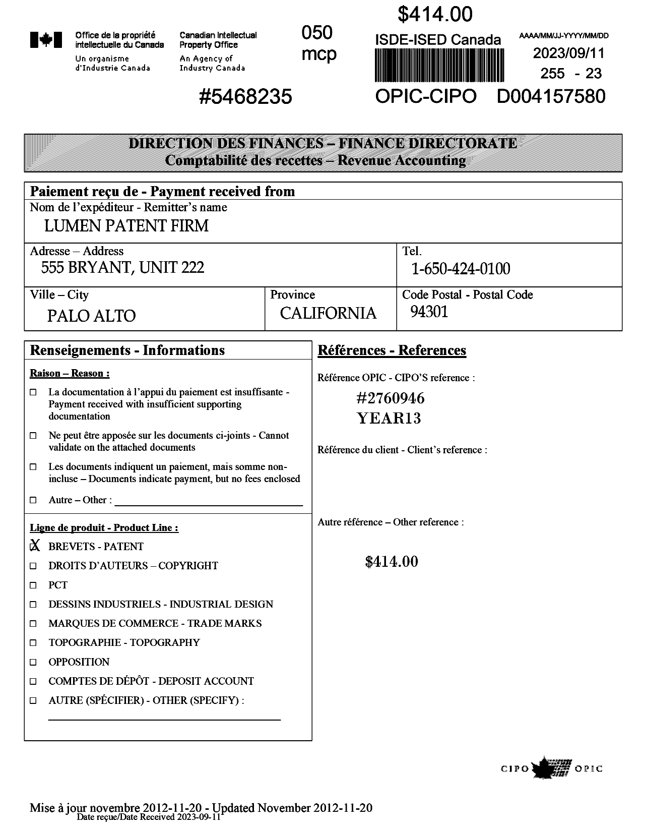 Canadian Patent Document 2760946. Maintenance Fee Payment 20230911. Image 1 of 2