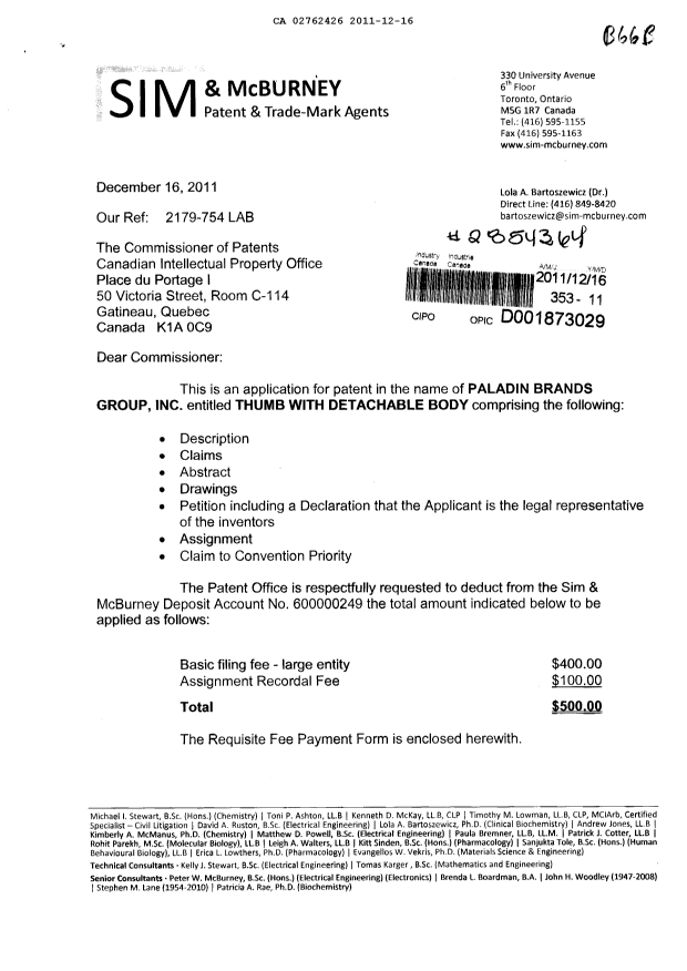 Document de brevet canadien 2762426. Cession 20111216. Image 1 de 9