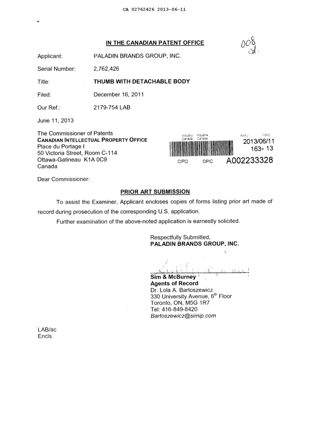 Document de brevet canadien 2762426. Poursuite-Amendment 20130611. Image 1 de 1