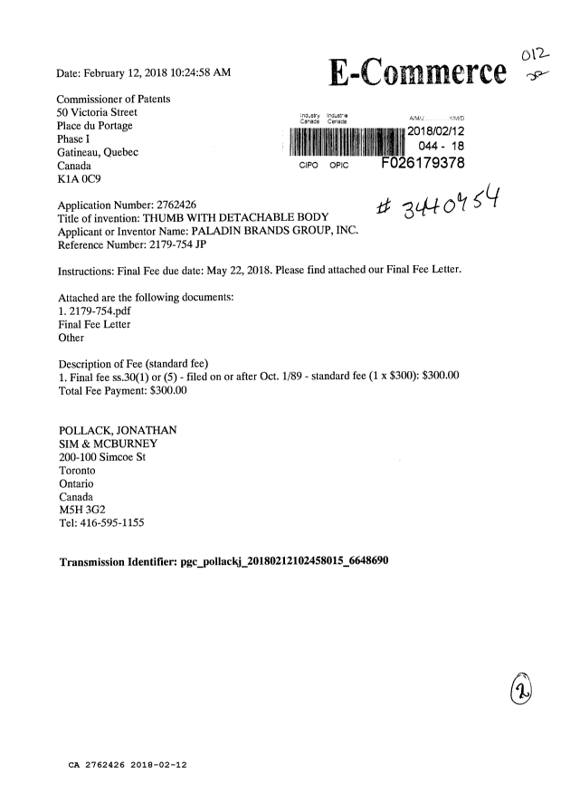 Document de brevet canadien 2762426. Taxe finale 20180212. Image 1 de 2