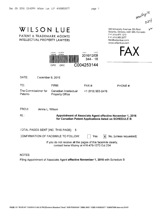 Document de brevet canadien 2763338. Correspondance 20161209. Image 1 de 5