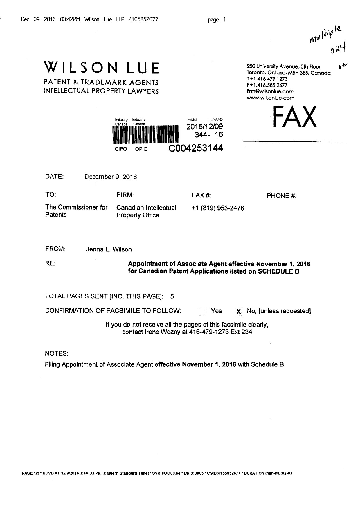 Canadian Patent Document 2763338. Correspondence 20161209. Image 1 of 5