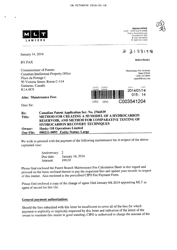 Document de brevet canadien 2764539. Taxes 20131214. Image 1 de 3