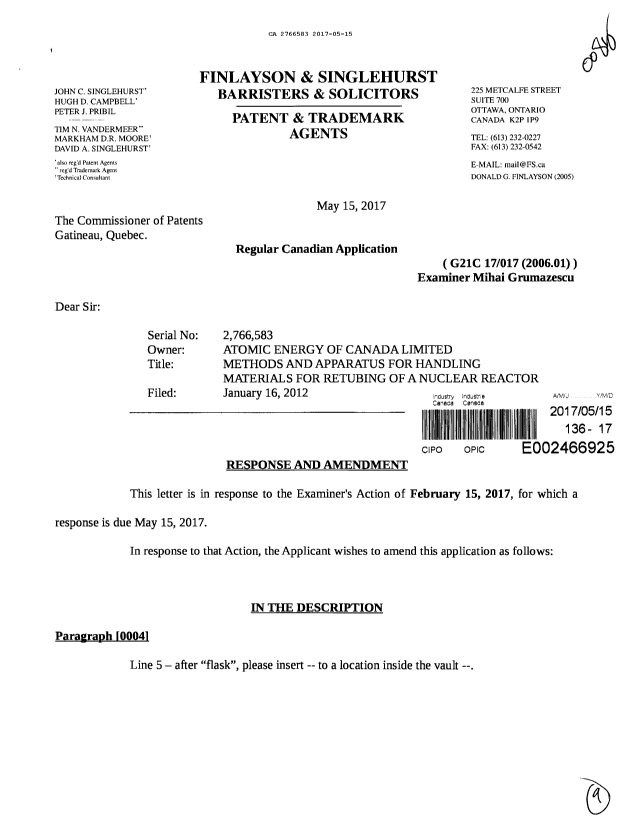 Canadian Patent Document 2766583. Amendment 20170515. Image 1 of 9