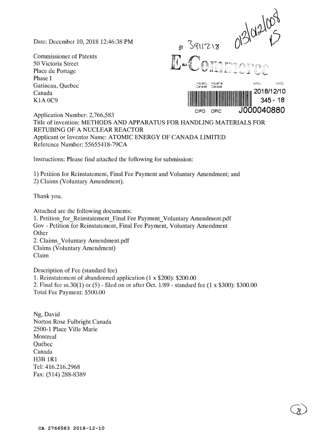 Canadian Patent Document 2766583. Reinstatement 20181210. Image 1 of 8