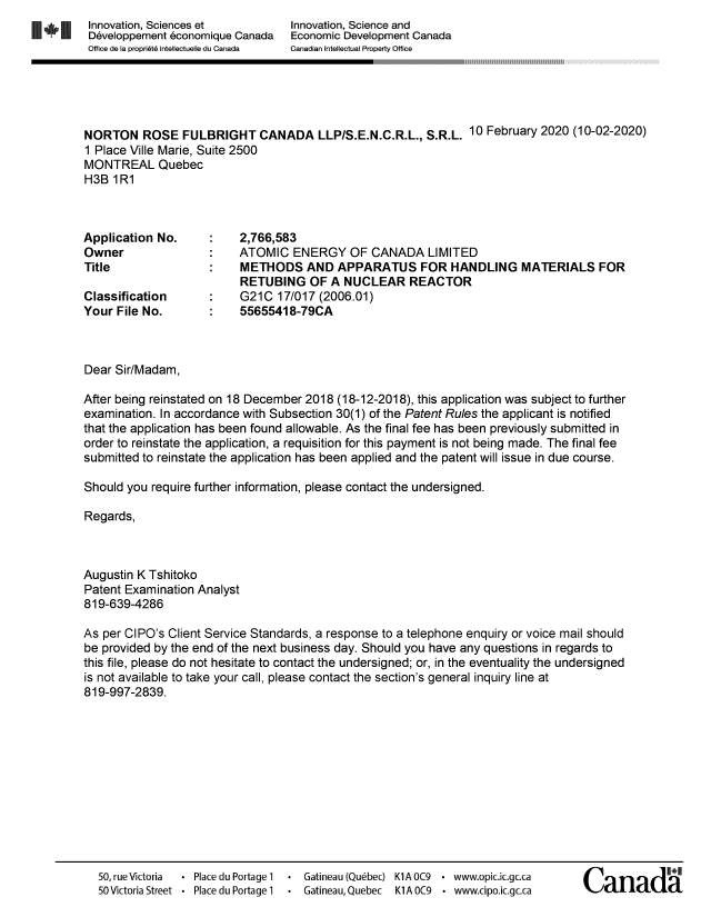 Canadian Patent Document 2766583. Office Letter 20200210. Image 1 of 1