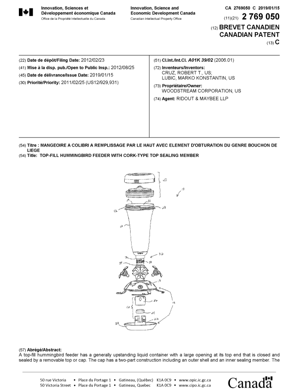 Canadian Patent Document 2769050. Cover Page 20181218. Image 1 of 2