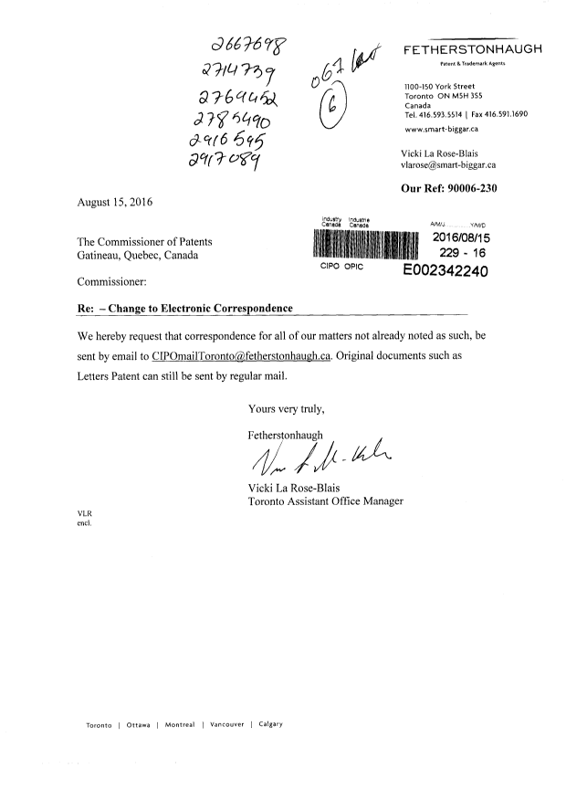 Document de brevet canadien 2769452. Correspondance 20160815. Image 1 de 1