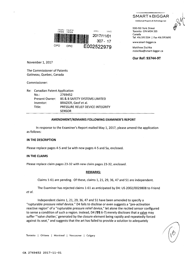 Document de brevet canadien 2769452. Modification 20171101. Image 1 de 16