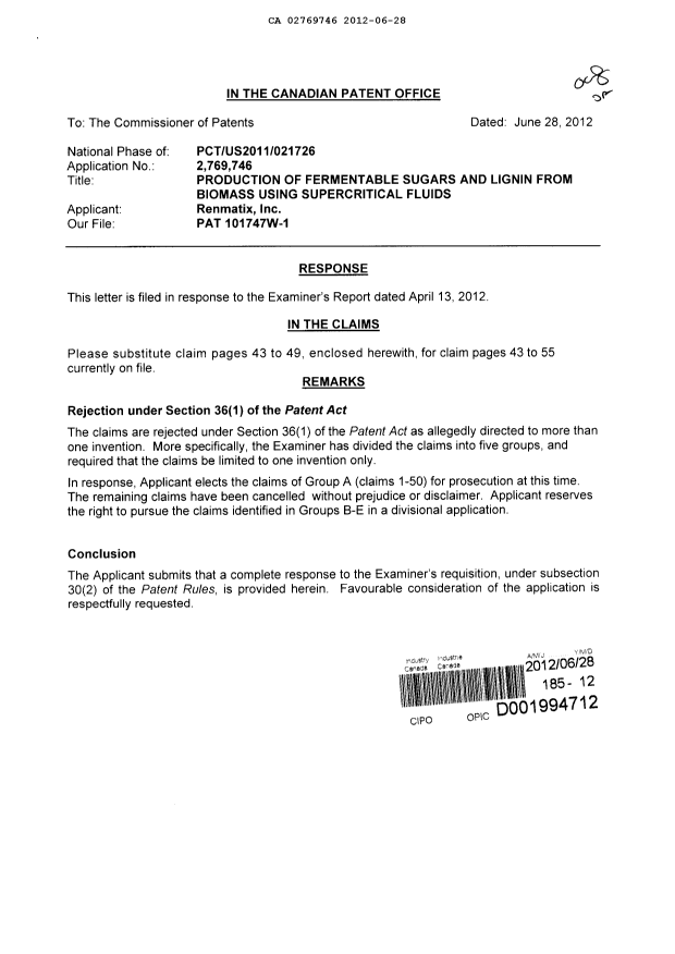 Canadian Patent Document 2769746. Prosecution-Amendment 20120628. Image 1 of 9