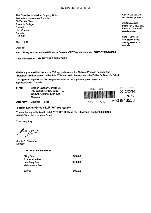 Document de brevet canadien 2774433. Cession 20120316. Image 1 de 4