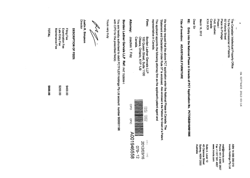 Canadian Patent Document 2774433. Assignment 20120316. Image 1 of 4