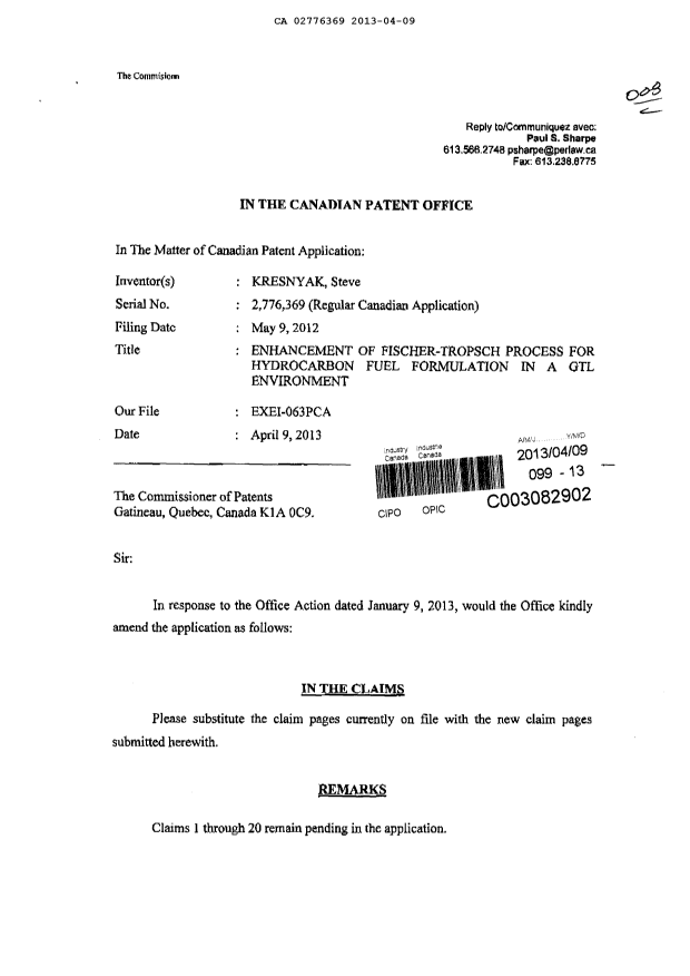 Canadian Patent Document 2776369. Prosecution-Amendment 20130409. Image 1 of 7