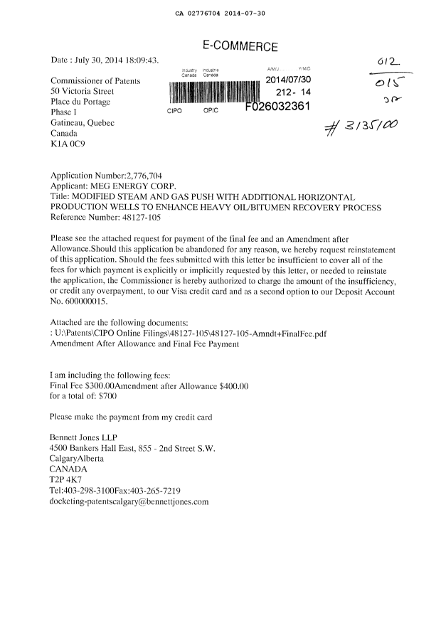 Document de brevet canadien 2776704. Correspondance 20131230. Image 1 de 4