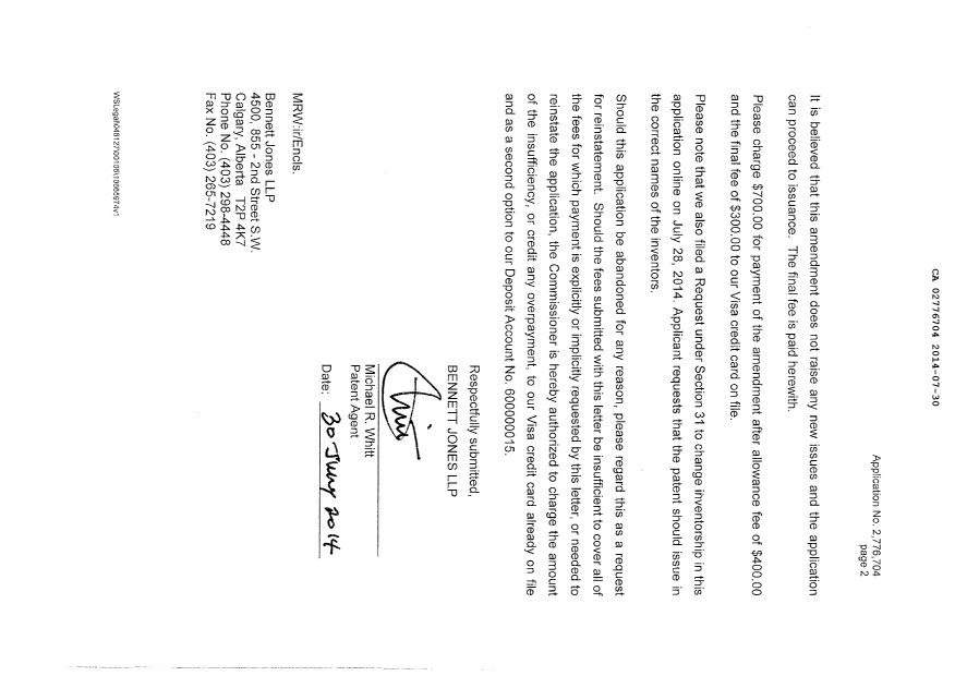 Document de brevet canadien 2776704. Correspondance 20131230. Image 4 de 4