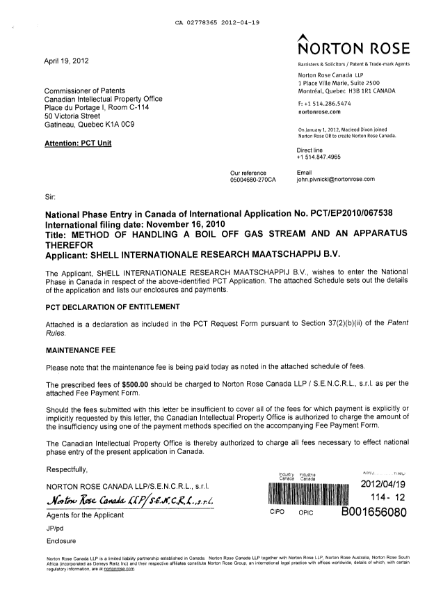 Document de brevet canadien 2778365. Cession 20120419. Image 1 de 4