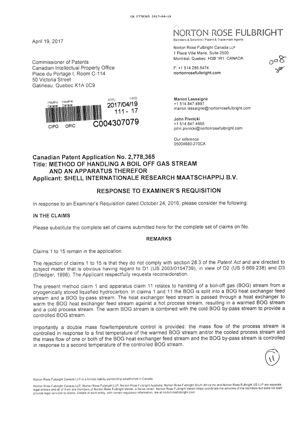 Document de brevet canadien 2778365. Modification 20170419. Image 1 de 11