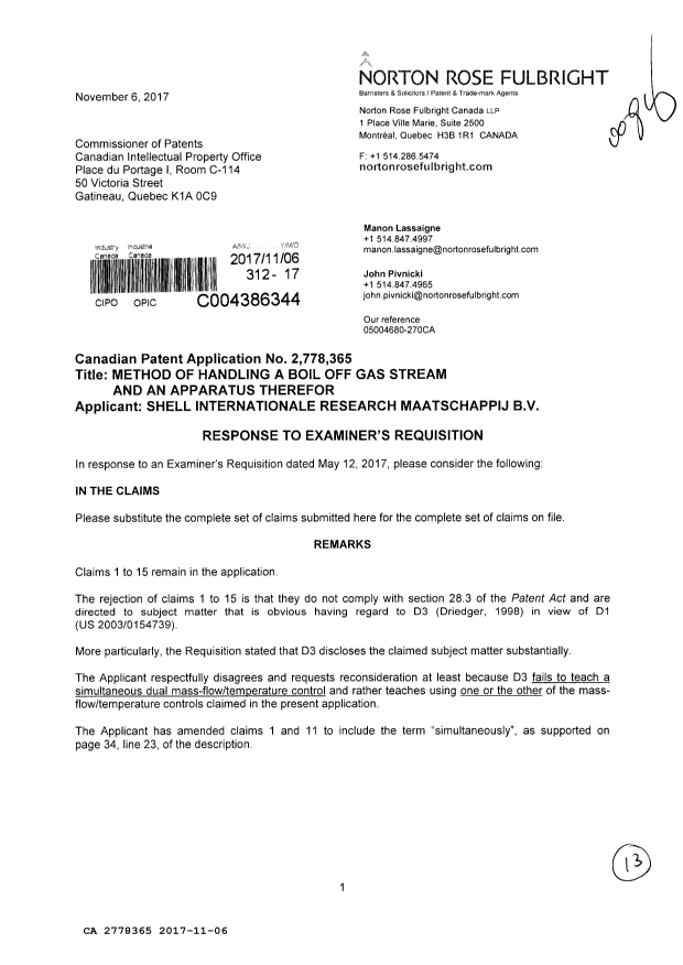Document de brevet canadien 2778365. Modification 20171106. Image 1 de 13