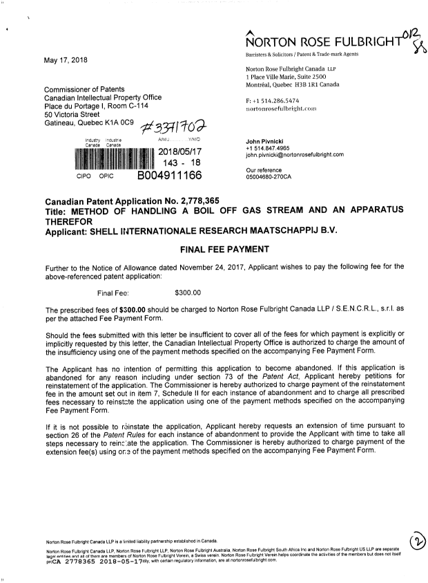 Document de brevet canadien 2778365. Taxe finale 20180517. Image 1 de 2