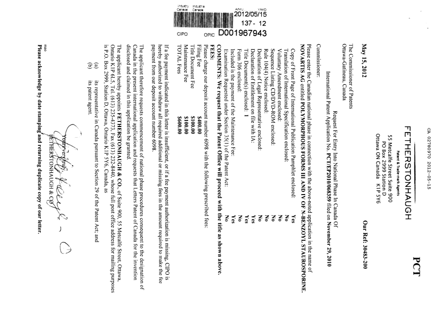 Canadian Patent Document 2780970. Assignment 20120515. Image 1 of 5