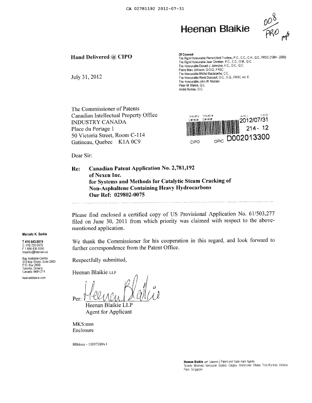 Document de brevet canadien 2781192. Correspondance de la poursuite 20120731. Image 1 de 1