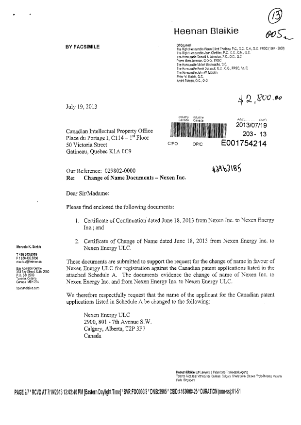 Document de brevet canadien 2781192. Cession 20130719. Image 1 de 6
