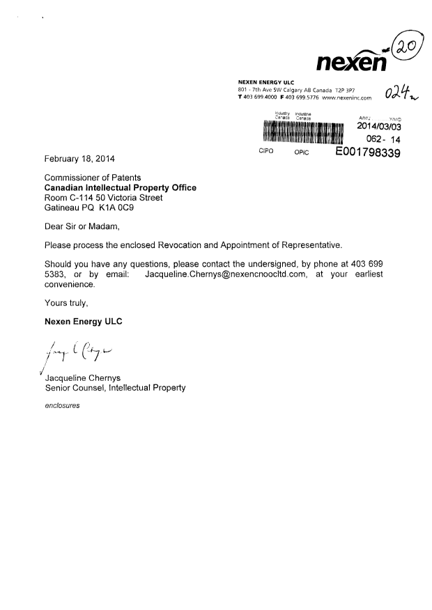 Document de brevet canadien 2781192. Correspondance 20140303. Image 1 de 4