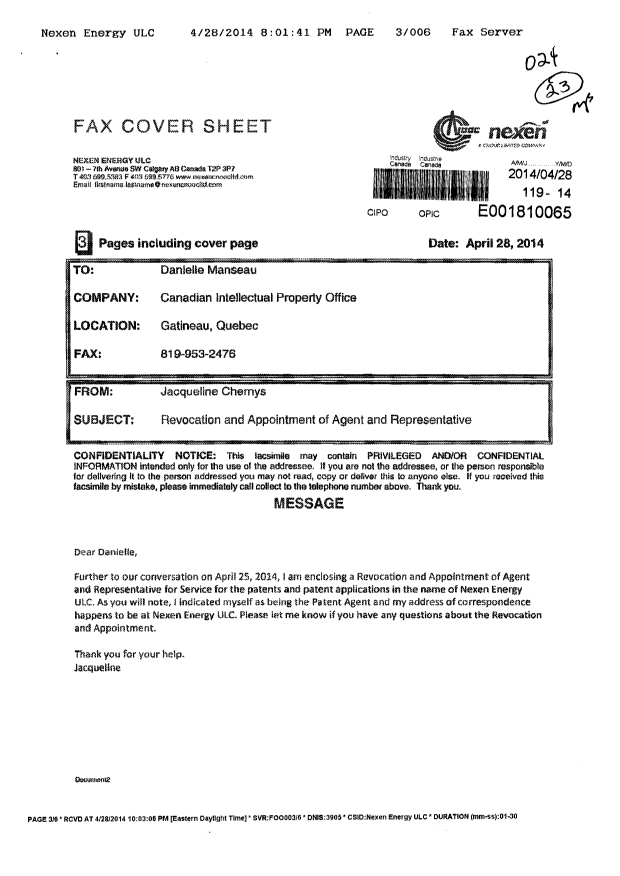 Document de brevet canadien 2781192. Correspondance 20140428. Image 1 de 6