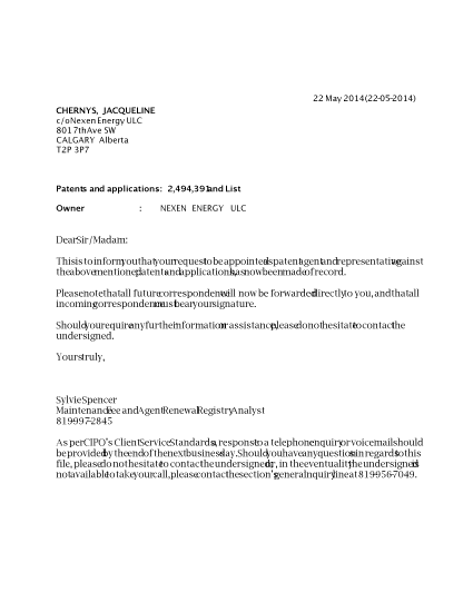 Document de brevet canadien 2781192. Correspondance 20140522. Image 1 de 1