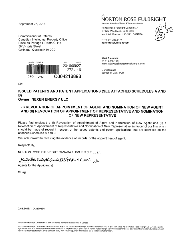 Document de brevet canadien 2781192. Correspondance 20160927. Image 1 de 4