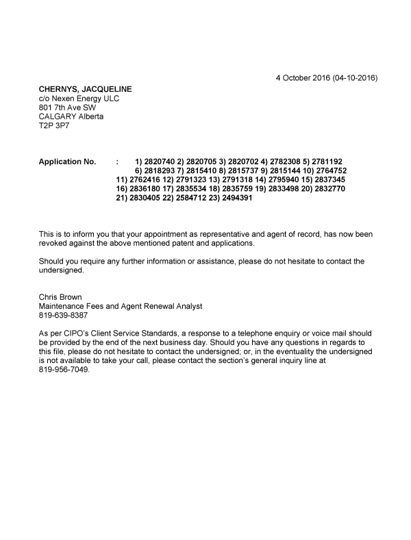 Document de brevet canadien 2781192. Lettre du bureau 20161004. Image 1 de 1