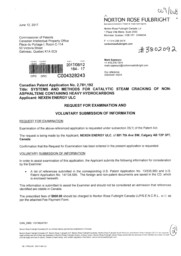 Document de brevet canadien 2781192. Requête d'examen 20170612. Image 1 de 2